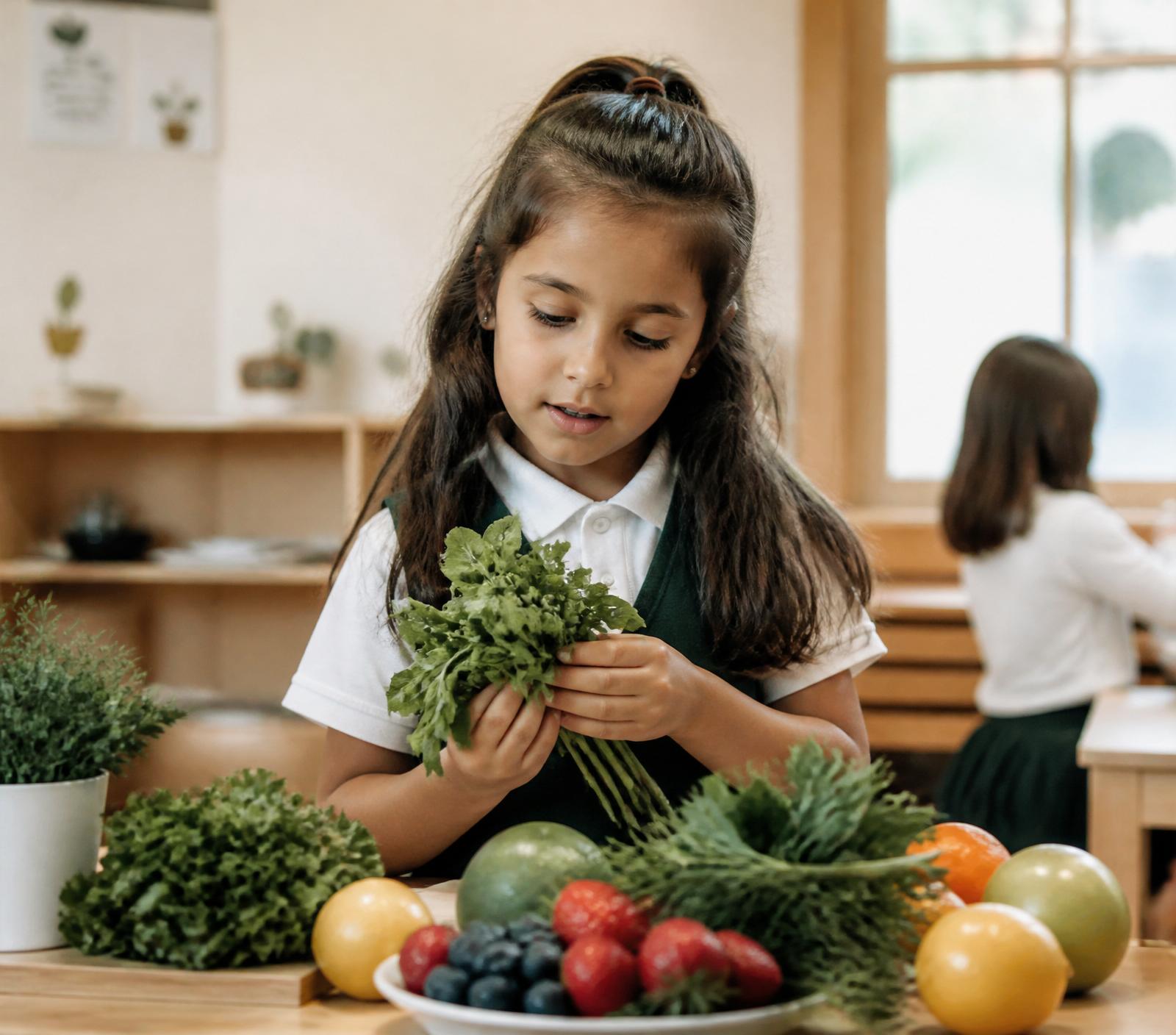Criança explorando folhas verdes e frutas frescas em uma atividade escolar sensorial